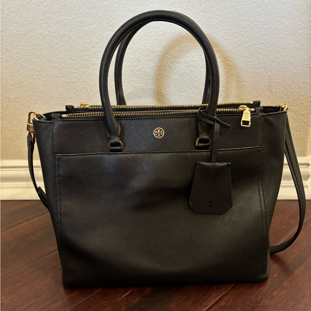 Tory Burch Black Leather Handbag with Gold Accents